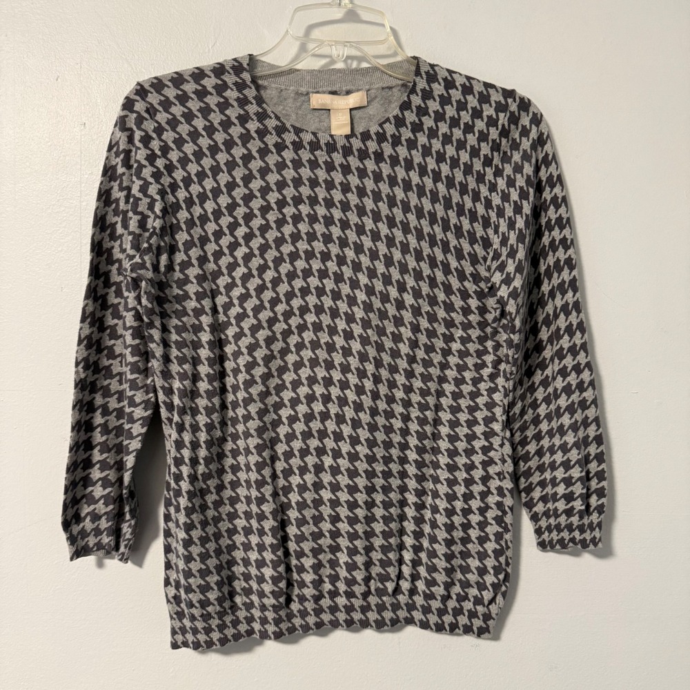 Banana Republic Houndstooth Knit Sweater Gray 100% Cotton Women's S 3/4 Sleeve